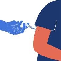 Vaccination against coronavirus, the doctor makes an injection in the arm muscle. Fighting the Covid-19 pandemic. Vector image in a flat style