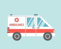 Medical ambulance in a flat cartoon style on a light blue background. Vector image, icon