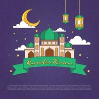 monoline cartoon ramadan kareem ornament with bright color vector illustration. mosque and month drawn line simple. background eid mubarak