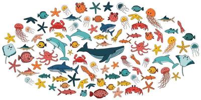 gran conjunto de contorno de dibujos animados de vector aislado animales de mar océano. doodle ballena dibujada a mano, delfín, tiburón, raya, medusa, pez, estrellas, cangrejo, pulpo para libro infantil, forma ovalada, fondo blanco