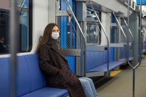 A woman in a medical face mask is keeping social distance in a modern subway car photo