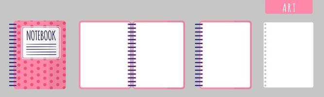 Ilustración de dibujos animados de vector con cuaderno de arte, cuaderno abierto y hojas en blanco sobre fondo blanco.
