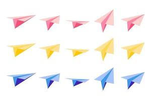 Set of vector cartoon illustrations with origami paper planes with views from different sides on white background.