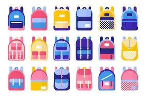 Set of vector cartoon illustrations with school bags and backpacks on white background