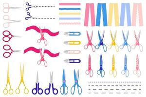 Set of vector cartoon illustrations with different types of scissors, cut lines, cut ribbons, paper on white background