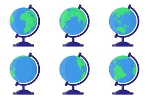 Set of vector cartoon illustrations with desktop school Earth globe from different sides on white background