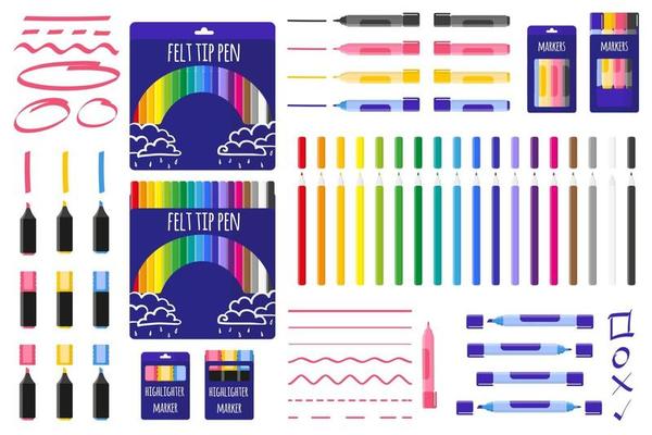Set of vector cartoon illustrations with colored markers and felt-tip pens on white background.