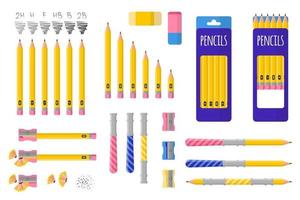 Set of vector cartoon illustrations with simple pencils, pencil sharpener and eraser on white background.