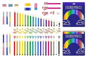 Set of vector cartoon illustrations with colored pencils, pencil sharpener and eraser on white background.