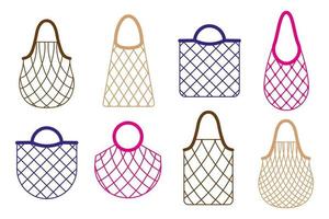 Vector cartoon set of empty grocery string bag or turtle mesh bag for healthy organic food isolated on white background