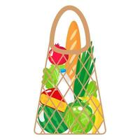 Vector cartoon illustration of beige grocery string or turtle mesh bag with organic food isolated on white background