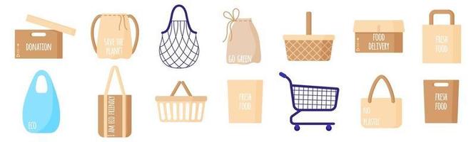 Vector cartoon set of empty paper grocery bags, baskets, string and turtle bag for food isolated on white background