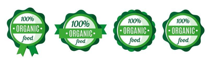 Vector set of round green organic and fresh food badges, tags or labels. Eco market tags design. Eco-food shopping.