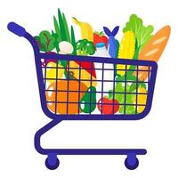 Vector cartoon illustration of supermarket grocery cart with healthy organic food isolated on white background