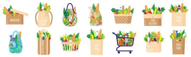 Vector cartoon set of paper grocery bags, baskets, cart, box, turtle bag with healthy food isolated on white background