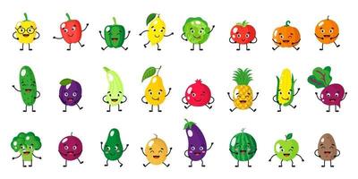 Conjunto de dibujos animados vectoriales de personajes de frutas y verduras con diferentes poses y emociones aisladas sobre fondo blanco vector