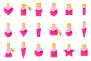 Set of love potion in bottles of different shapes with tag and heart for the wedding or Valentine's Day. vector