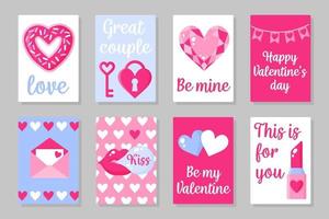 Set of pink, white and blue colored cards for Valentine's Day or wedding. Vector flat design isolated on gray background