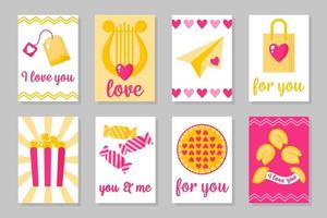 Set of pink, white and yellow colored cards for Valentine's Day or wedding. Vector flat isolated design