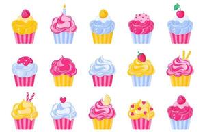 Set of different type and color of cupcakes or muffins with cream. vector