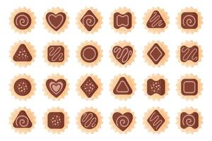 Set of chocolates of various shapes with icing for Valentine's Day. vector