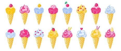 conjunto de diferentes tipos y colores de cono de helado o sundae. vector