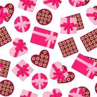 Seamless pattern with pink boxes of chocolates of different shapes for Valentine's Day or other holiday. vector