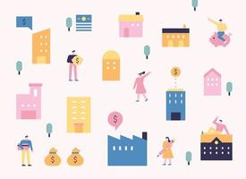 Póster de edificio y personas en color rosa pastel. iconos de personas que buscan precios inmobiliarios y activos de inversión. Ilustración de vector mínimo de estilo de diseño plano.