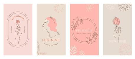 Conjunto de emblemas femeninos abstractos lineales, manos en diferentes gestos, silueta de mujer para envases cosméticos, marca de productos de belleza, historias de redes sociales, fondo moderno abstracto en color pastel vector