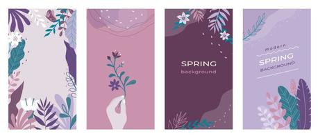 Abstract flowers Social media stories organic spring backgrounds set with modern color combinations, shapes, flowers, plants and hand, vertical format For advertising, branding vector illustration.