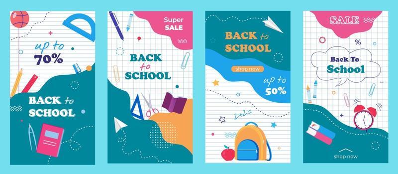 Back to school Stories template for social media, apps, print. Sale flyers set with a modern abstract, notebook paper background and school items.