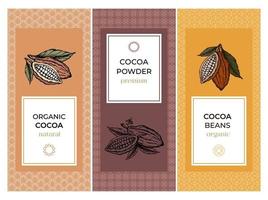 Cocoa packaging design templates set with pattern. Engraved style sketch hand drawn illustration. Cacao powder, beans, nuts, seeds, flowers and leaves vector. vector