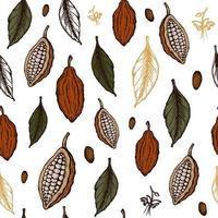 Cocoa beans seamless pattern. Engraved style sketch hand drawn illustration. Chocolate cacao bean, leaves, seeds, flowers and nuts Vector. vector