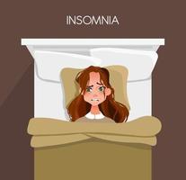 A young woman can't fall asleep. Insomnia. vector