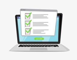 Computer laptop with online quiz form checklist on screen. Online checklist on laptop display. Illustration of check list , survey online laptop.