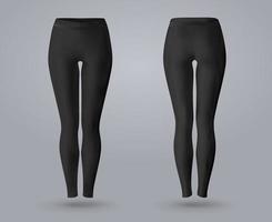 Women black leggings mockup in front and back view, isolated on a gray background. 3D realistic vector illustration