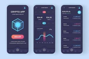 Cryptocurrency trading unique neomorphic mobile app design kit vector