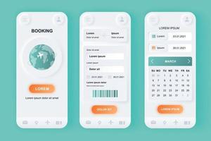 Flight booking unique neomorphic mobile app design kit vector