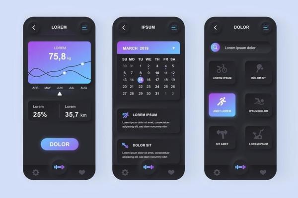 Fitness workout unique neomorphic mobile app design kit