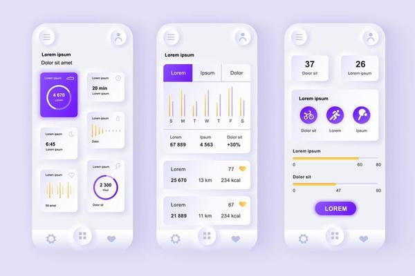 Health and activity tracking unique neomorphic mobile app design kit