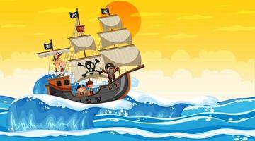 océano con barco pirata en la escena del atardecer en estilo de dibujos animados vector