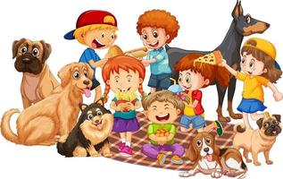 Group of children with their dogs on white background vector