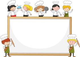 Banner vacío con muchos pequeños chefs sobre fondo blanco. vector