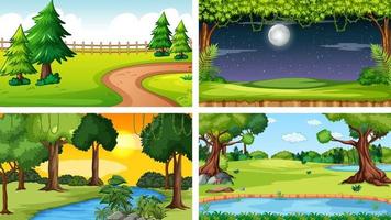 cuatro escenas diferentes de parque natural y bosque. vector