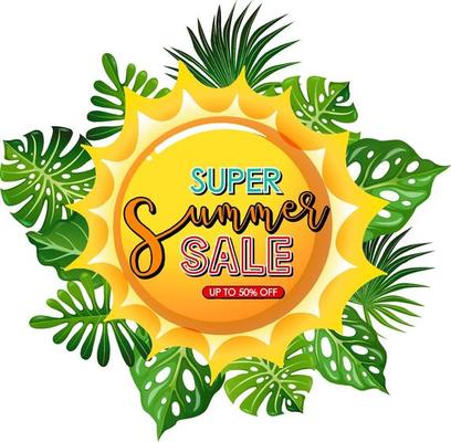 Super Summer Sale banner with beach elements isolated