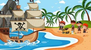 escena de la isla del tesoro durante el día con niños piratas vector