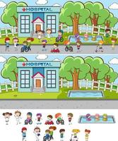 Set of different horizontal scenes background with doodle kids cartoon character vector