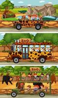 Set of different safari horizontal scenes with animals and kids cartoon character vector