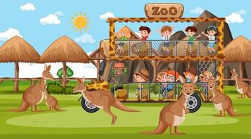 Safari at day time scene with many kids watching kangaroo group vector