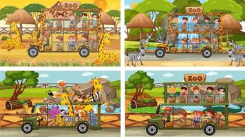 Set of different safari scenes with animals and kids cartoon character vector